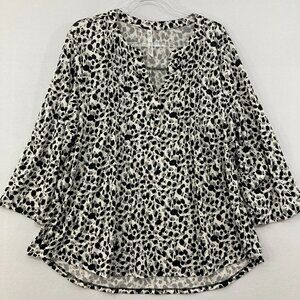 NY Collection size 1X Black Gray Abstract Pintuck Split Neck Stretch Popover Top